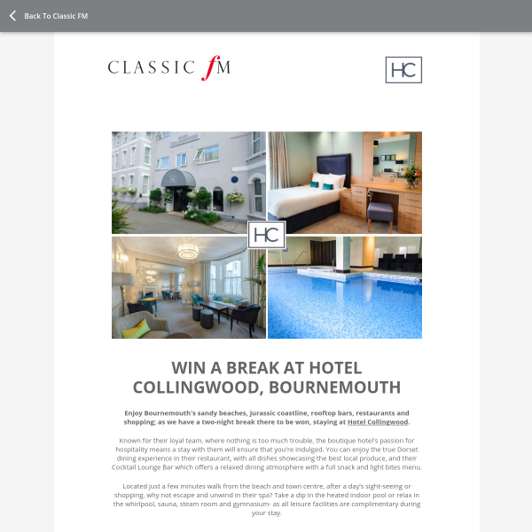 Win a 2 night break at Hotel Collingwood Bournemouth and £100