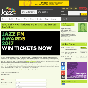 Win Jazz FM Awards tickets and a stay at the Grange St Paul's Hotel