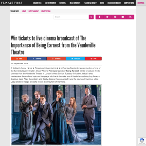 Win tickets to live cinema broadcast of The Importance of Being Earnest from the Vaudeville Theatre