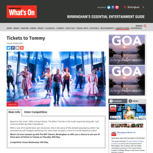 Win 1 of 3 Pairs of Tickets to Tommy at The REP Theatre, Birmingham