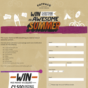 Win a £1,500 FatFace Gift Card, £1,000 Cash, Camp Bestival Tickets, a GoPro + More + 100 R/up Prizes: £50 FatFact Giftcard