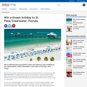 Win A 7 night holiday for four to St. Pete/Clearwater, Florida staying at the Sheraton Sand Key Resort inc flights and car hire