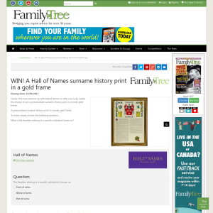 Win a Hall Of Names Surname History Print In A Gold Frame