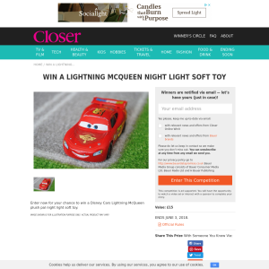 Win a Lightning McQueen night light soft toy