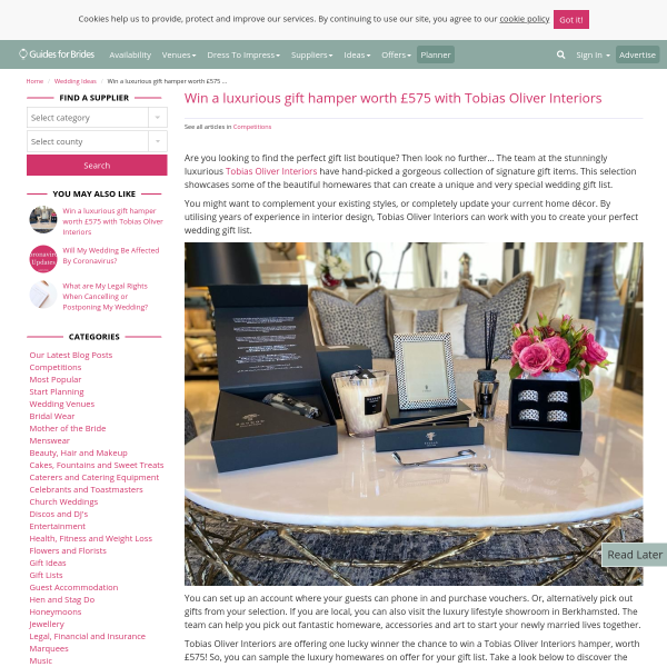 Win a luxurious gift hamper worth £575 with Tobias Oliver Interiors