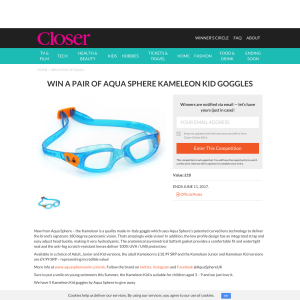 Win a pair of Aqua Sphere Kameleon Kid goggles