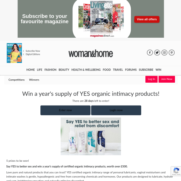 Win a year's supply of YES organic intimacy products