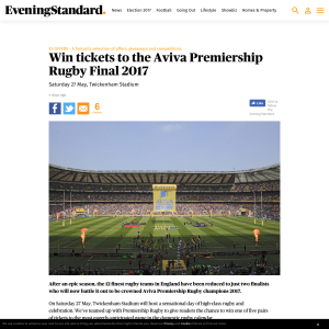 Win tickets to the Aviva Premiership Rugby Final 2017